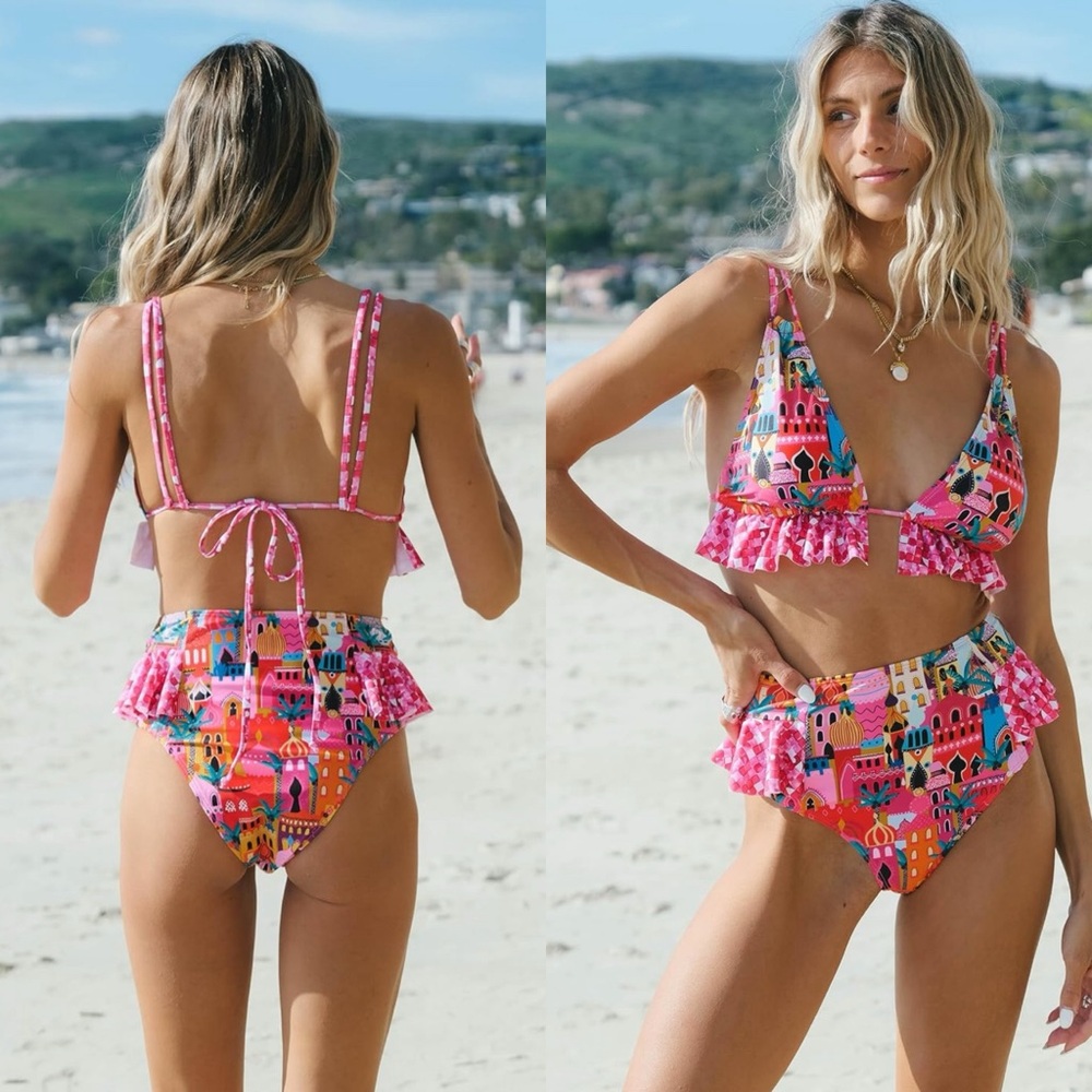 NWT Women High Waisted Swimsuit Ruffle V Neck Bikini‎ Two Pieces Swimwear SIZE L